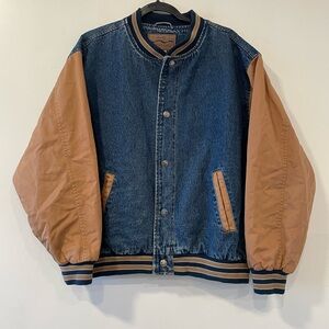 VTG Port Authority Varsity Jacket Men's Large Brown Blue Denim Bomber 90s Y2K